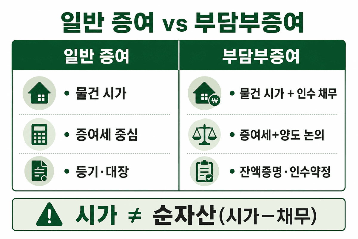 일반 증여와 부담부증여—감정·채무 숫자 비교
